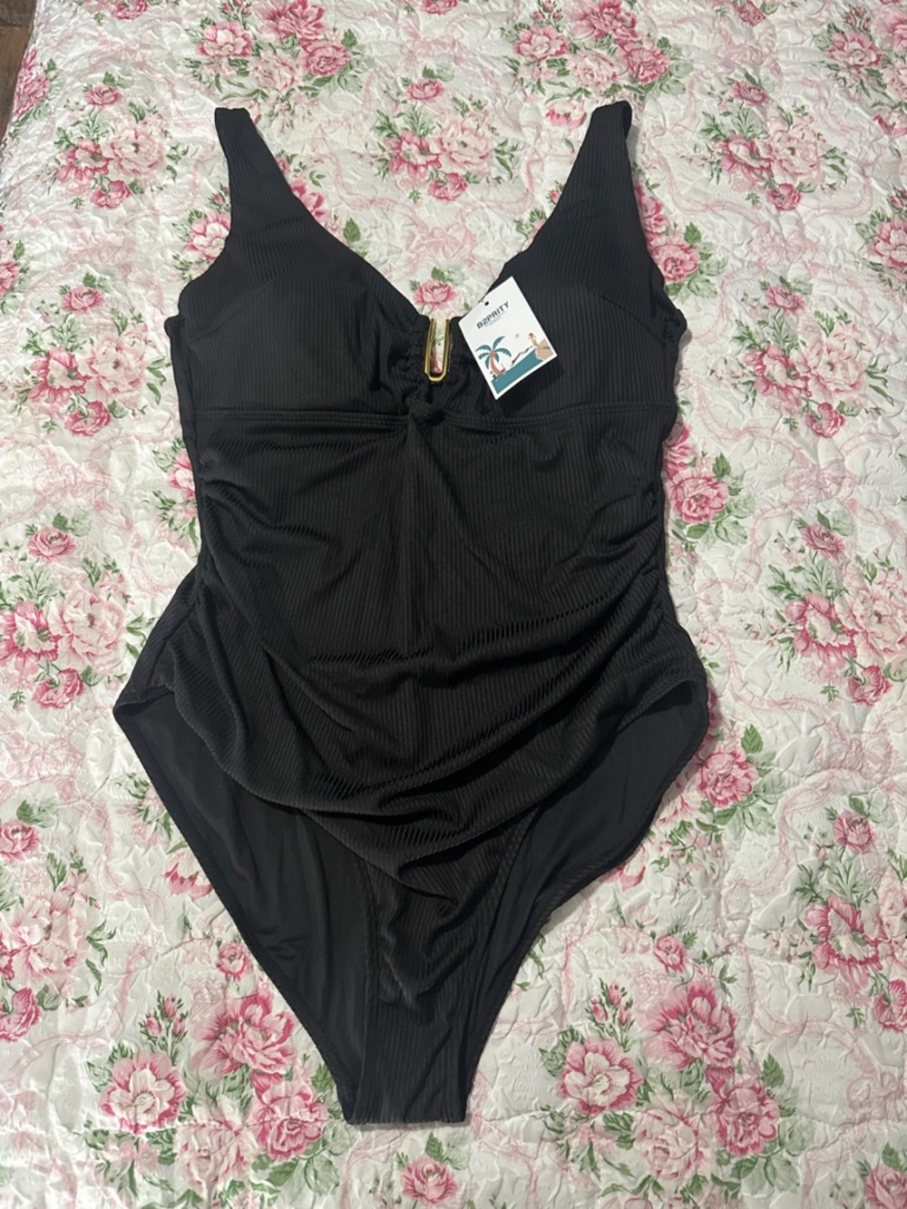 Women’s Black One-Piece Swimsuit with Front Ring Detail